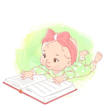 Sevimli küçük bebek karnının üstüne uzanmış, kitap okuyor.