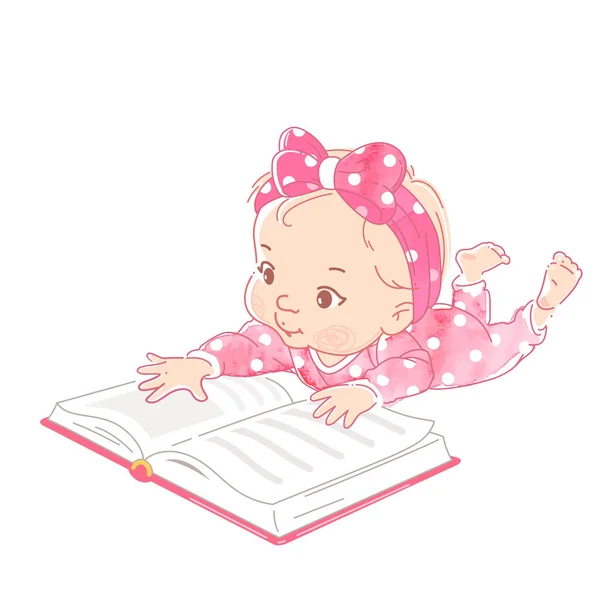 Leuke kleine baby lag op de buik, lezen boek — Stockvector