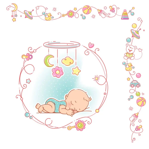 Baby boy with decorative frame and borders. — Stock Vector