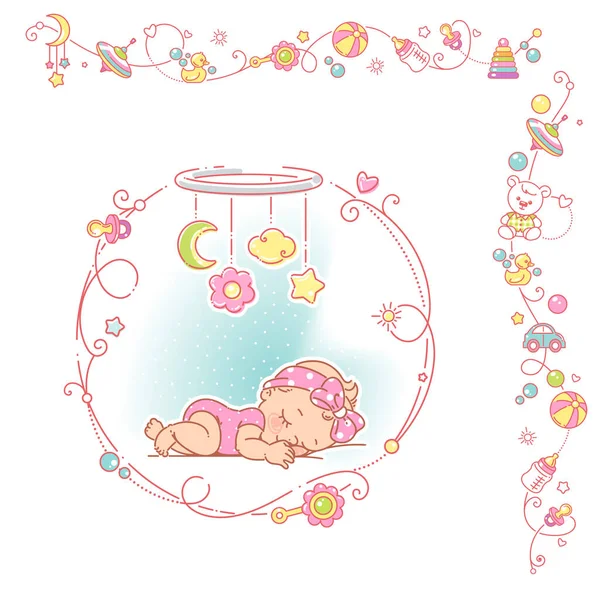 Baby girl with round decorative frame and borders. — Stock Vector