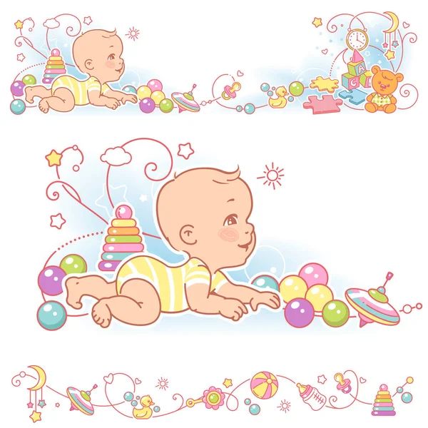 Baby en speelgoed grenzen. frame van decoratieve elementen. — Stockvector