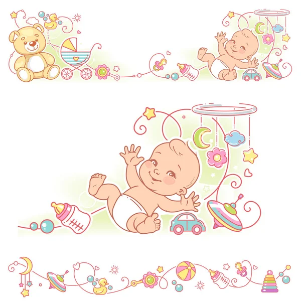 Bébé et jouets frontières. éléments décoratifs cadre . — Image vectorielle