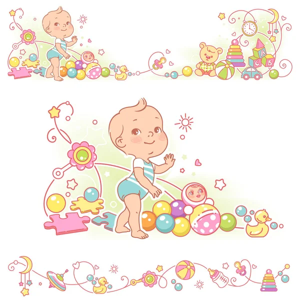 Baby and toys borders. decorative elements frame. — Stock Vector