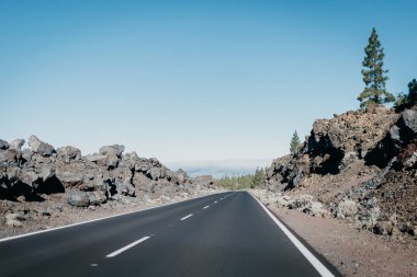 Otoyol bulutlar yakınındaki ormana büyük kayalar arasında düz gider. Teide Milli Parkı. Tenerife