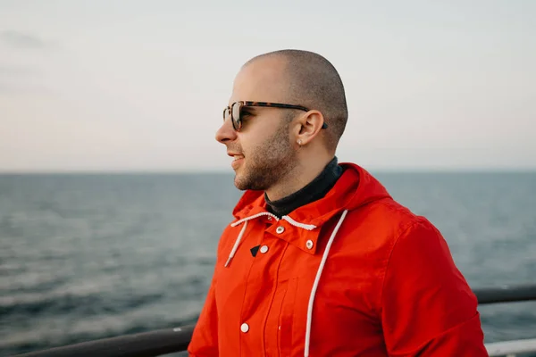 Man Stubble Red Jacket Sunglasses Ship Looking Sunset Close Portrait — 스톡 사진