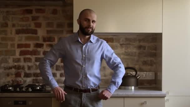 Bald Brutal Businessman Beard Smile Folds His Arms His Chest — Stok video