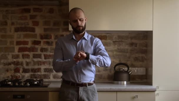 Bald Brutal Businessman Beard Blue Shirt Grey Trousers Looks His — Stock Video