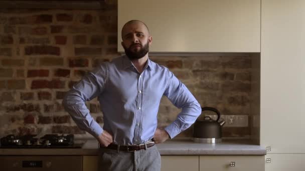 Bald Office Worker Beard Unhappy Puts His Hands Waist Chest — Stock Video