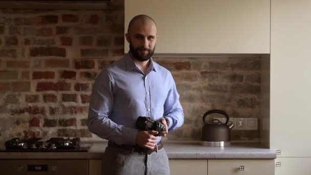 Bald Photographer Poses His Camera Looks Straight Smile Man Beard — ストック動画
