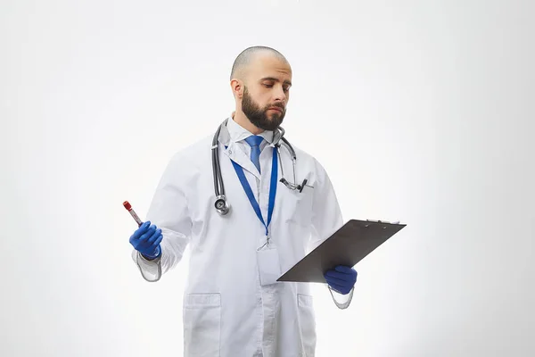 Bald Doctor Holding Coronavirus Blood Test His Hand Portrait Infectious — Stock Photo, Image