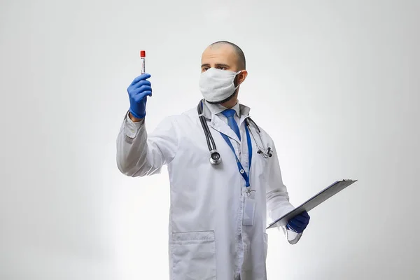 Doctor Medical Face Mask Lifting Coronavirus Blood Test His Hand — Stock Photo, Image