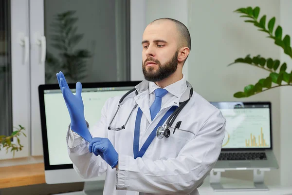 Doctor Putting Disposable Medical Glove His Office Medical Practitioner Preparing — Stock Photo, Image