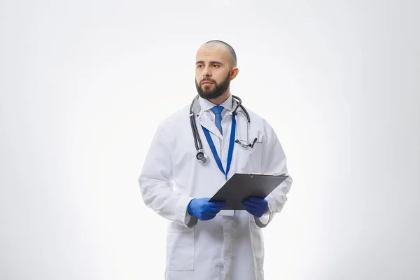 Doctor Stethoscope Clipboard Disposable Medical Gloves Bald Physician Beard Preparing — Stock Photo, Image