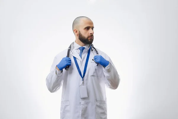 Doctor Disposable Medical Gloves Holding Stethoscope Bald Physician Beard Preparing — Stock Photo, Image