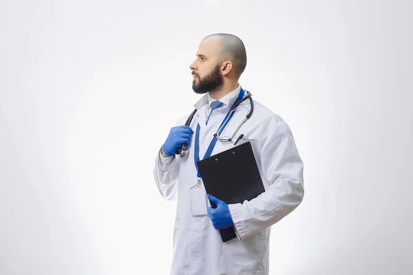 Doctor Disposable Medical Gloves Stethoscope Clipboard Bald Physician Beard Preparing — Stock Photo, Image