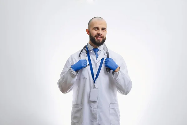 Happy Doctor Disposable Medical Gloves Holding Stethoscope Bald Physician Beard — Stock Photo, Image