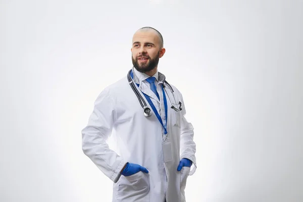 Happy Doctor Disposable Medical Gloves Stethoscope Holding Hands Pockets Bald — Stock Photo, Image