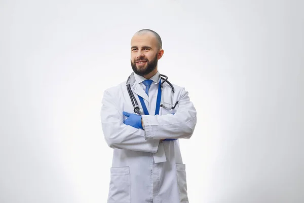 Happy Doctor Arms Crossed His Chest Disposable Medical Gloves Stethoscope — Stock Photo, Image