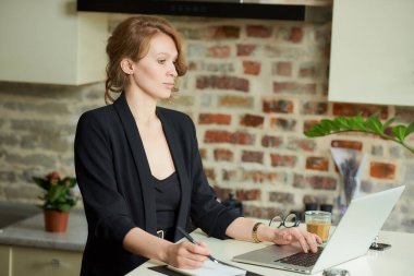 Mutfakta uzaktan çalışan genç bir kadın. Evde çalışanlarıyla video konferansı sırasında haber arayan bir kadın patron. Bir bayan öğretmen çevrimiçi bir konferansa hazırlanıyor..