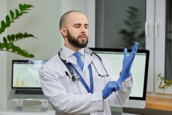 Doctor Putting Disposable Medical Glove His Office Medical Practitioner Preparing — Stock Photo, Image