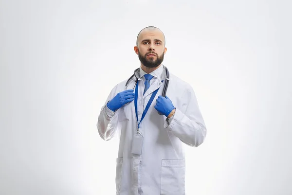 Doctor Stethoscope Disposable Medical Gloves Bald Physician Beard Preparing Examine — Stock Photo, Image