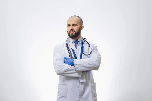 Doctor Arms Crossed His Chest Disposable Medical Gloves Stethoscope Bald — Stock Photo, Image
