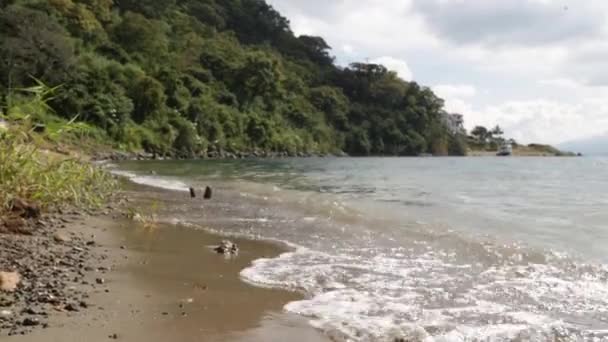 グアテマラのアッティラン湖沿岸 山と火山の間 海岸の暗い砂 木々の間 — ストック動画