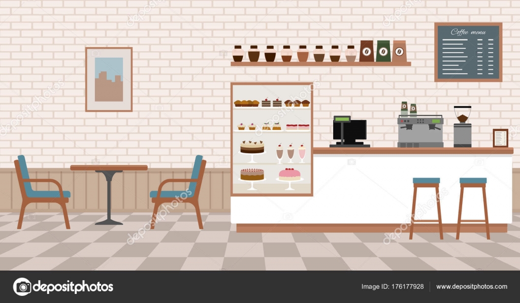 Empty Cafe Interior Flat Design Vector Illustration Stock