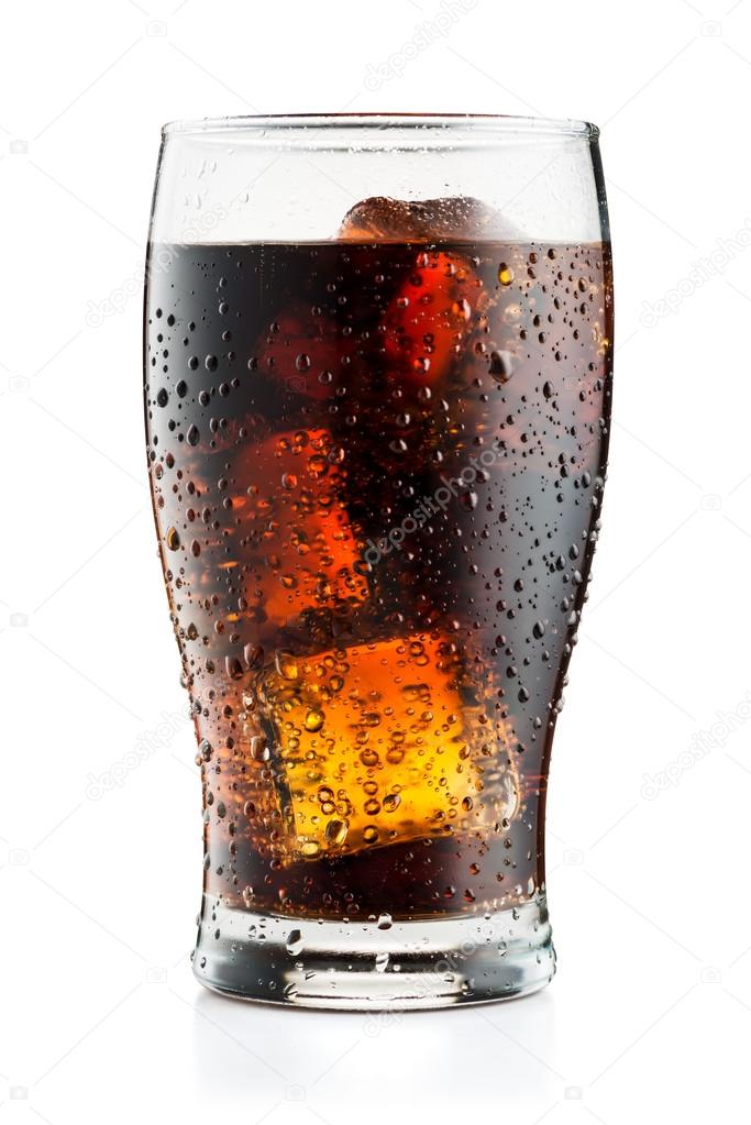 Cola glass with ice cubes and droplets