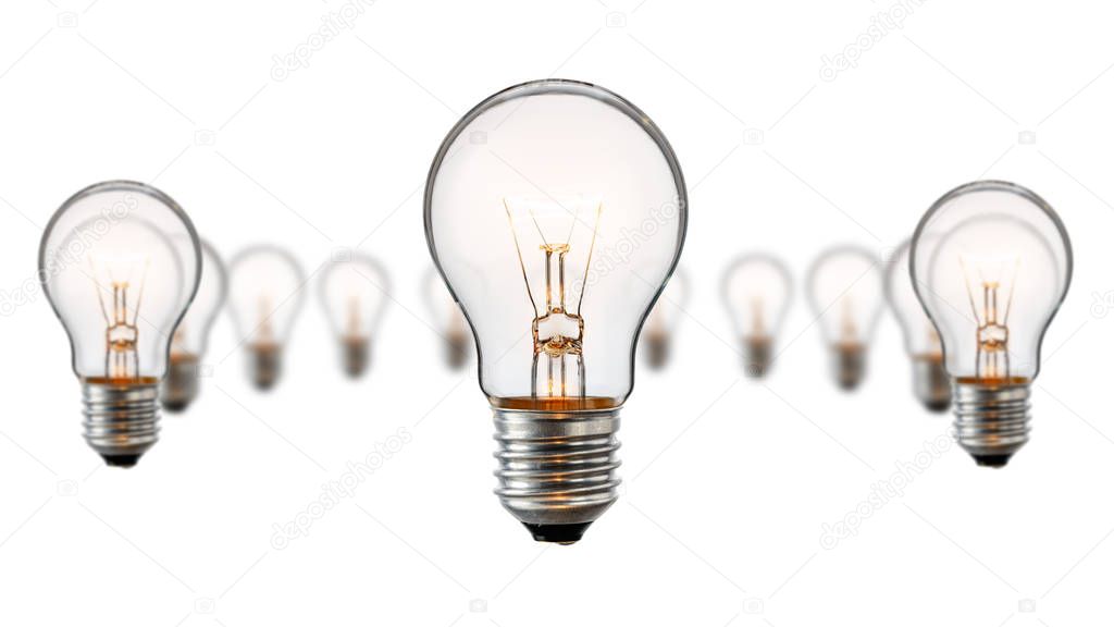 Glowing light bulbs isolated on white background
