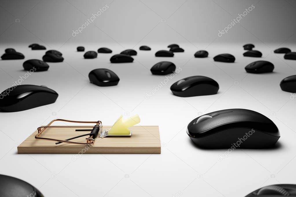 3D Rendered Computer Mice and Mousetrap Conceptual Clickbait Ima