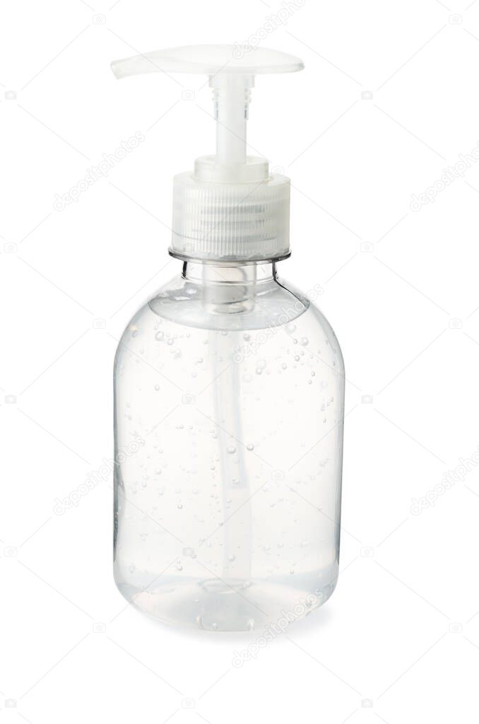Bottle of hand sanitizer filled with alcohol in gel isolated on white background with clipping path