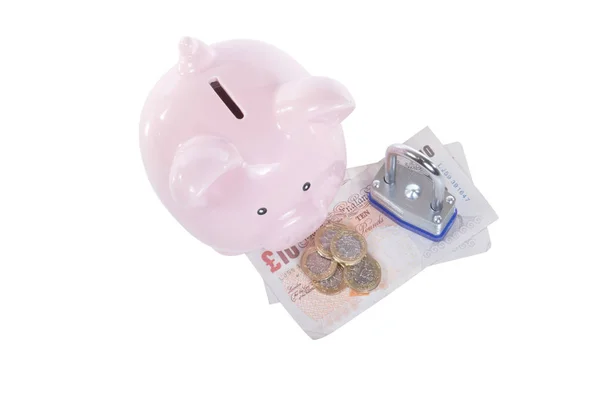 Little piggy bank and door lock over cash money — Stock Photo, Image