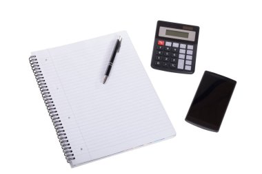 İzole defter, kalem, cep ve hesap makinesi