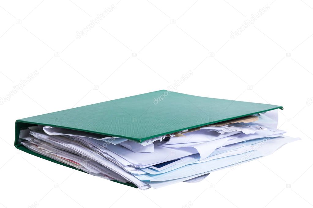 Green office binder stuffed with paperwork