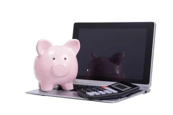 Laptop aberto com uma calculadora e porquinho banco — Fotografia de Stock