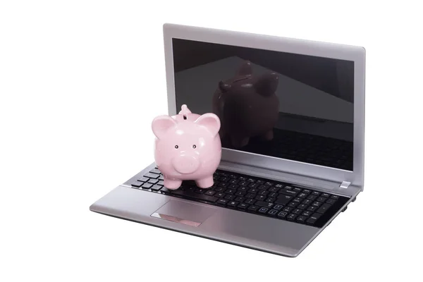 Piggy bank rosa em um laptop aberto — Fotografia de Stock
