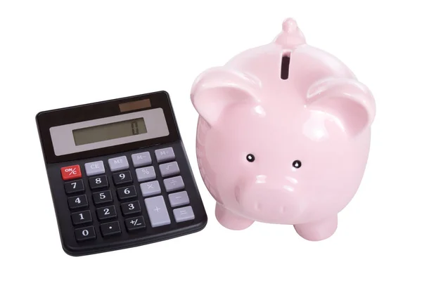 Banco Piggy com uma pequena calculadora — Fotografia de Stock