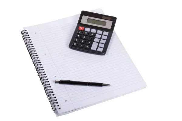 Calculadora com caneta e caderno — Fotografia de Stock