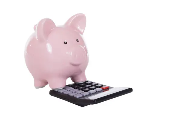 Piggy bank rosa em pé em uma calculadora — Fotografia de Stock