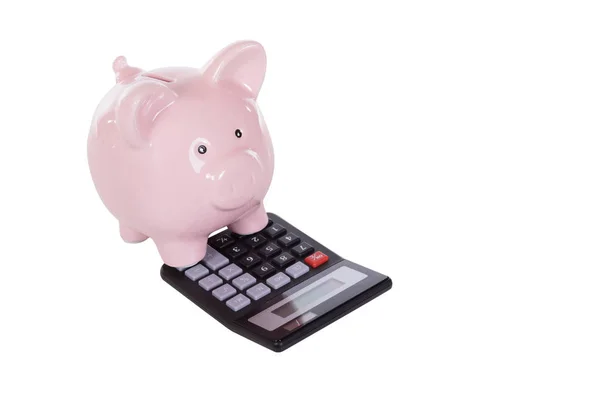 Bonito banco piggy rosa de pé em uma calculadora — Fotografia de Stock