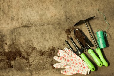 Gemide kir ahşap gri boşaltmak ile Bahçe aletleri.