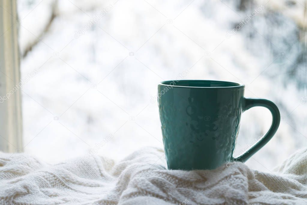 Cup Of Coffee With Plaid On Windowsill Window.