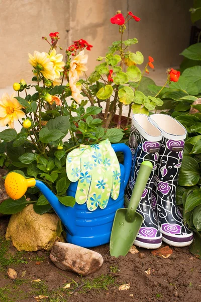 Garden Accessories Tools With Water Drops In Garden Outdoors.