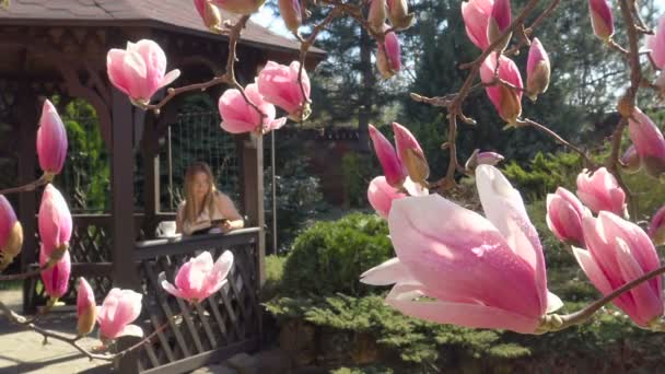 Favorit läsning i den blomstrande Magnolia trädgården är en sann fröjd. — Stockvideo