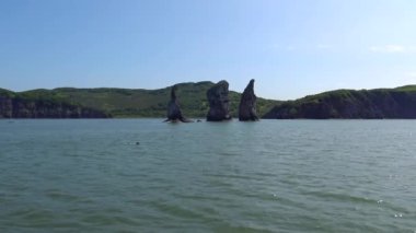 Deniz Safari yolculuk Kamçatka Yarımadası boyunca. Adanın üç kardeş. Rusya. 