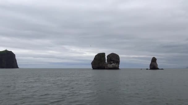 De drie broers van het eiland. Zee Safari reis langs het schiereiland Kamtsjatka. Rusland. — Stockvideo