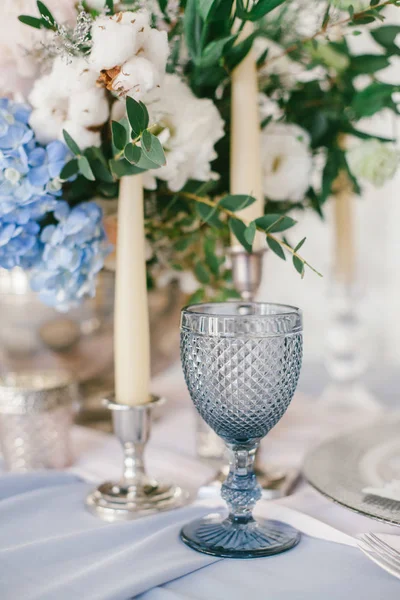Silver candlestick as element of festive table wedding decorations. — Stock Photo, Image