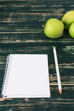 Ev işyerinde. Siyah ahşap masa. İçişleri Bakanlığı. Öğrenci yeri. Taze yeşil elma. Güzel.