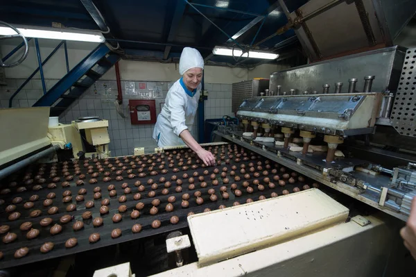 Muitos doces fábrica de alimentos bolo produção maciça — Fotografia de Stock